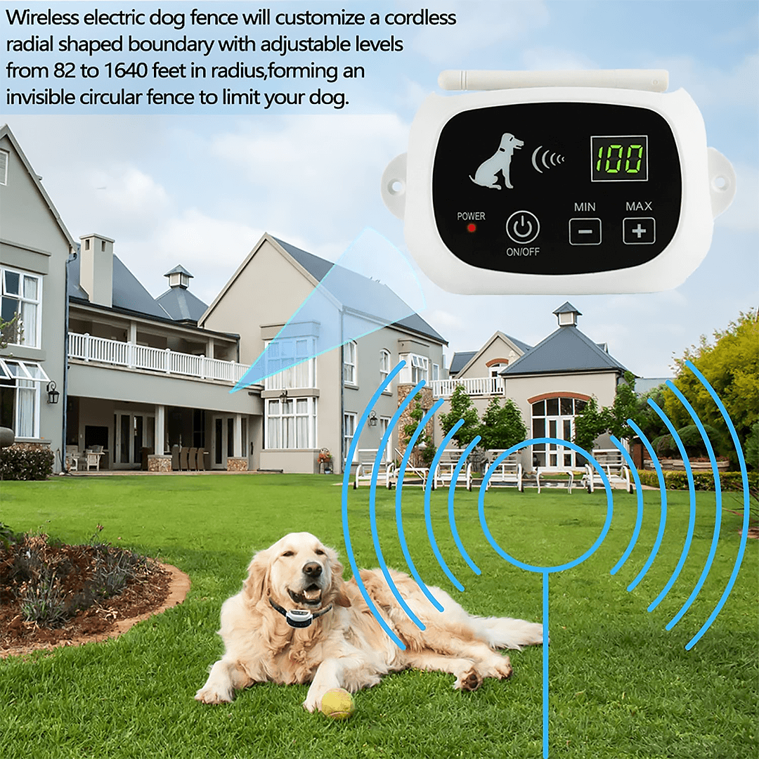 wireless dog fence containment boundary with happy dog wearing durable shock collar