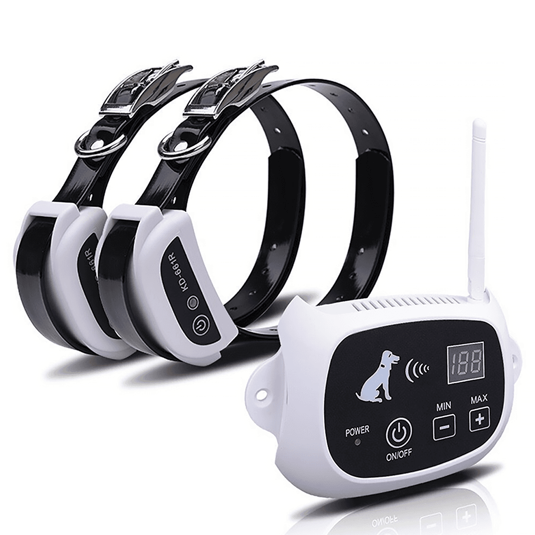 wireless dog containment fence system for 2 dogs. one transmitter and 2 collars