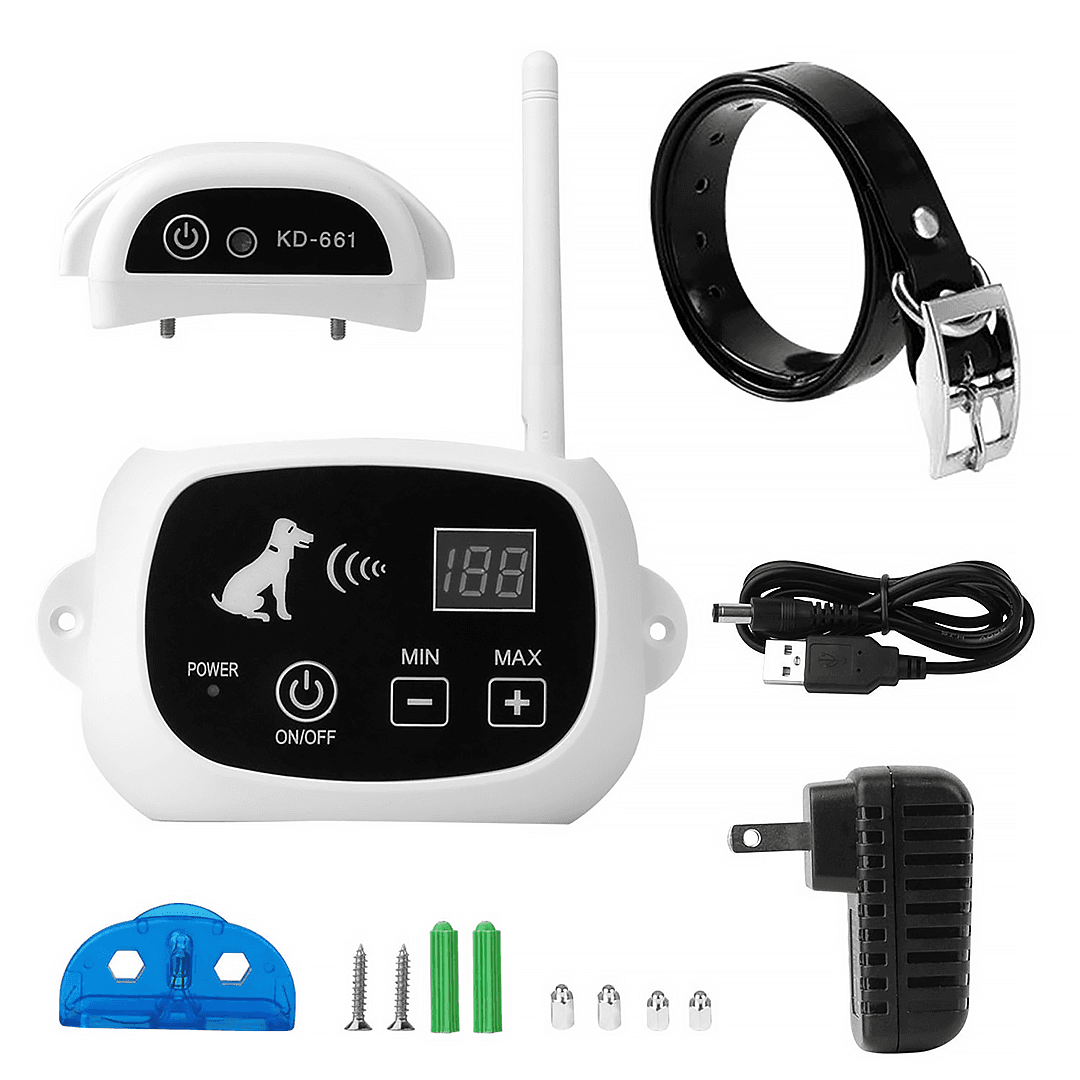 wireless dog fence with wireless transmitter, receiver shock collar with a black adjustable strap, and accessories 
